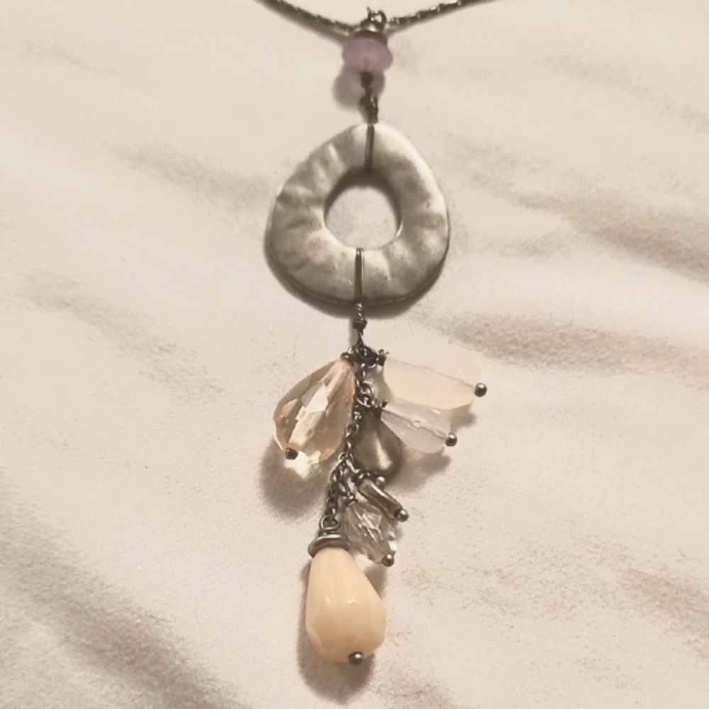 Vintage Lia Sophia Brushed Silver Tone Pendant Necklace with Pink Accents